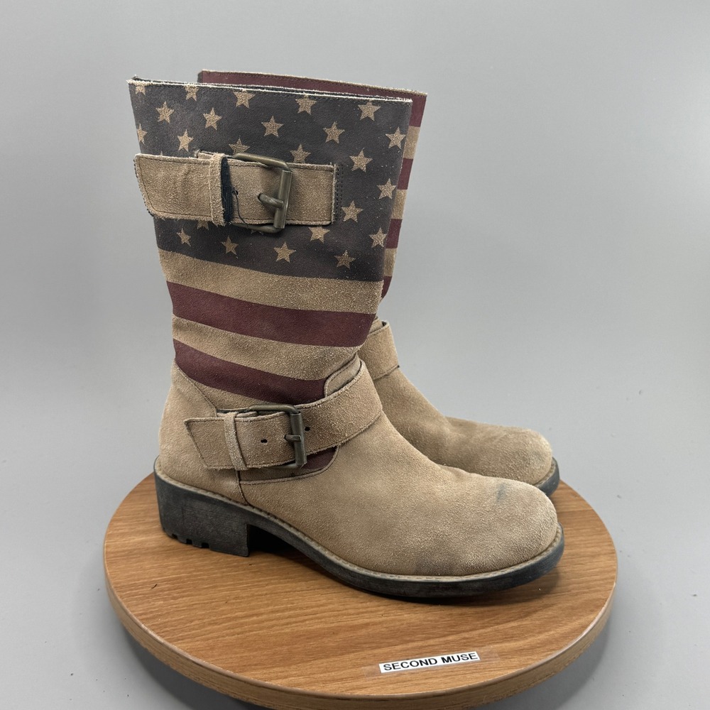 Sbicas American Flag Suede Moto Boots Size 6 Tan Patriotic Stars Stripes